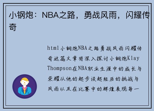 小钢炮：NBA之路，勇战风雨，闪耀传奇